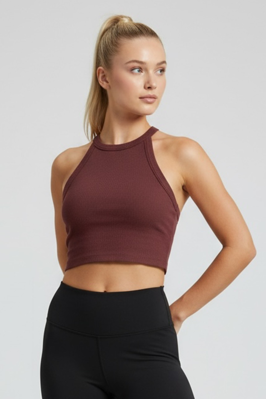 Free People Halter Movement Tank Top Size M Maroon Ribbed Crop